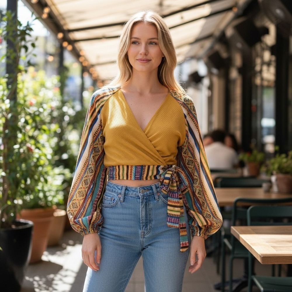 Nitt By Flying Tomato Boho Faux Wrap Crop Top Balloon Sleeve Yellow M IT10634-KN